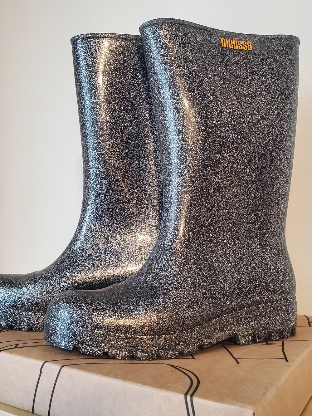 NIB Melissa Glitter Black Rain Boots, Women's SIZE 9